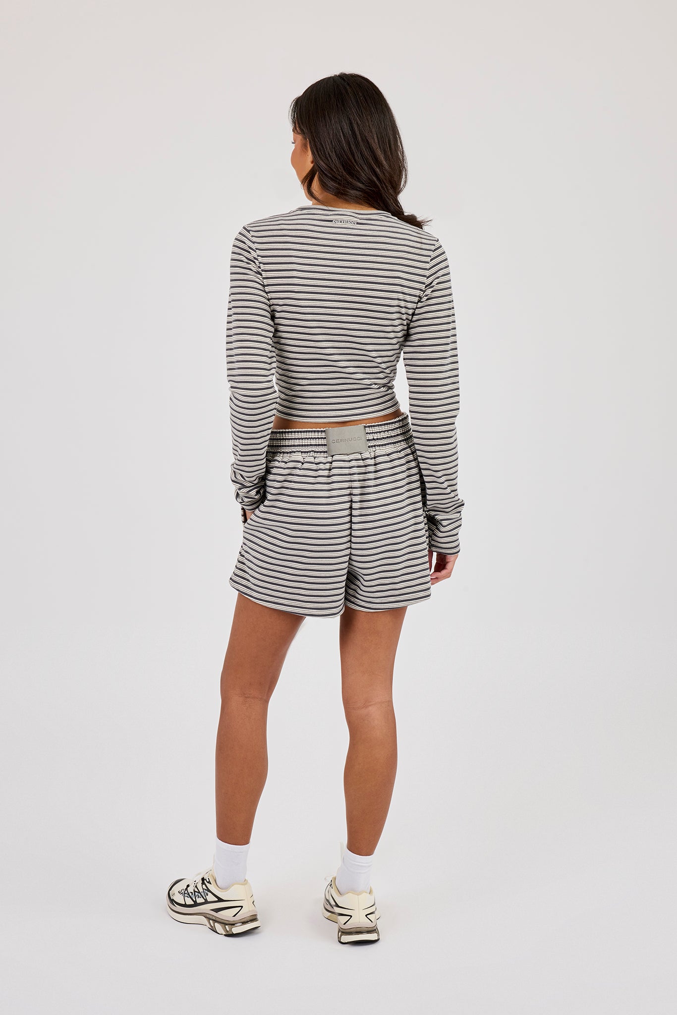 Stripe Soft Touch Long Sleeve Top & Button Front Short - Grey